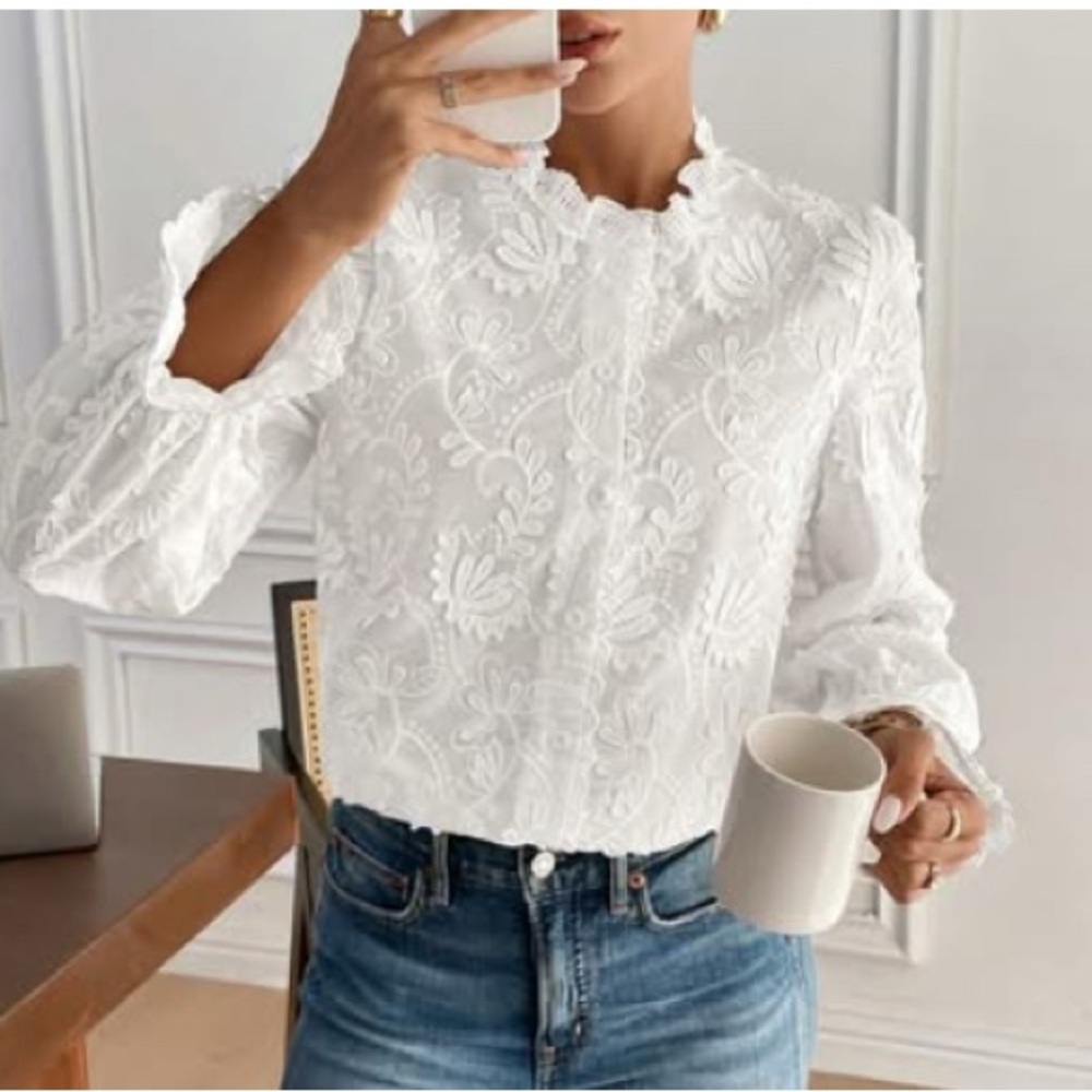 White Eyelet Lace Embellished Blouse with Puff Sleeves and Mandarin Collar